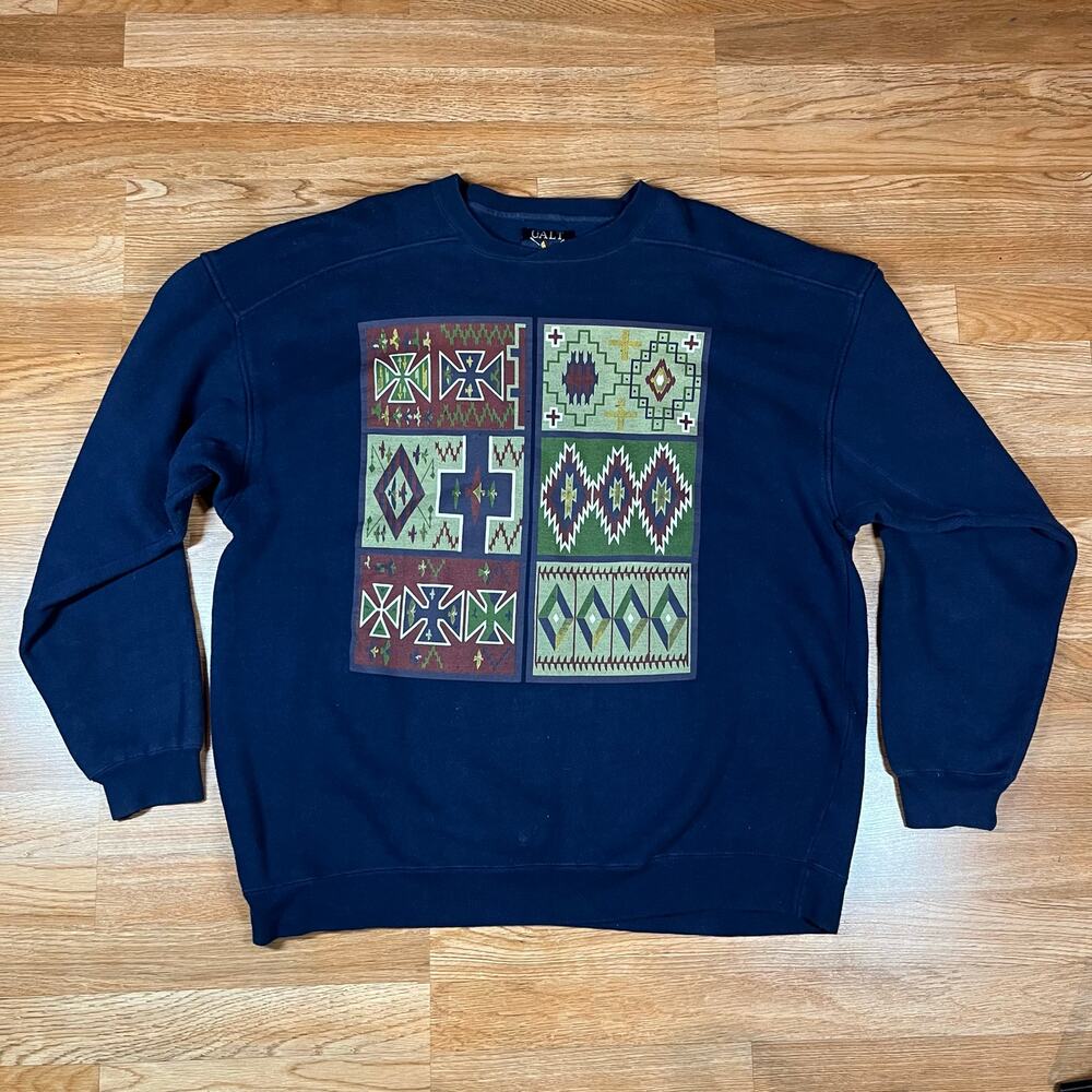 Vintage Galt Crew Crewneck Sweatshirt Mens XL Southwestern Pattern Pullover Blue